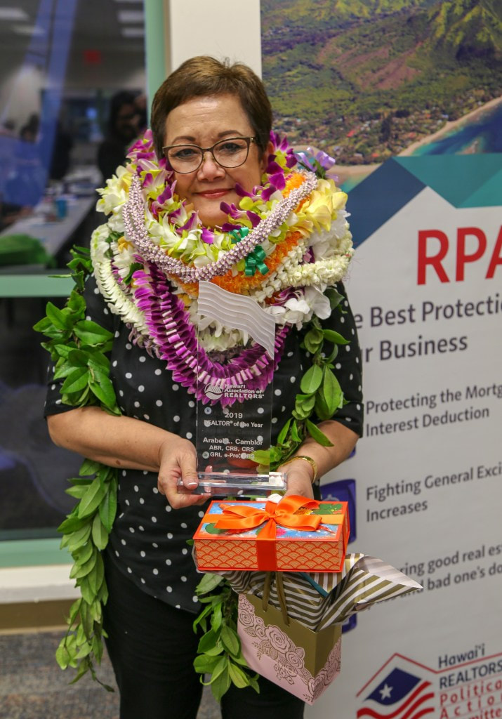 Big Island Realtor® Broker, Arabel Camblor, accepting the award for 2019 Realtor® of the Year (ROTY) Award
